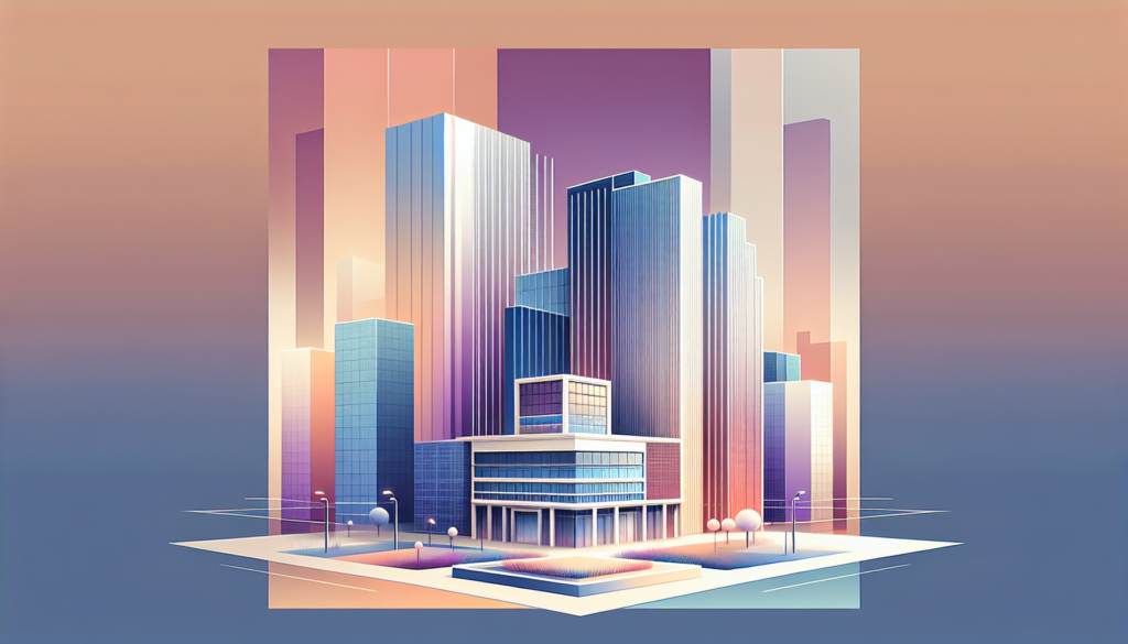 Futuristic cityscape at sunrise with modern skyscrapers and abstract design elements, digital art.