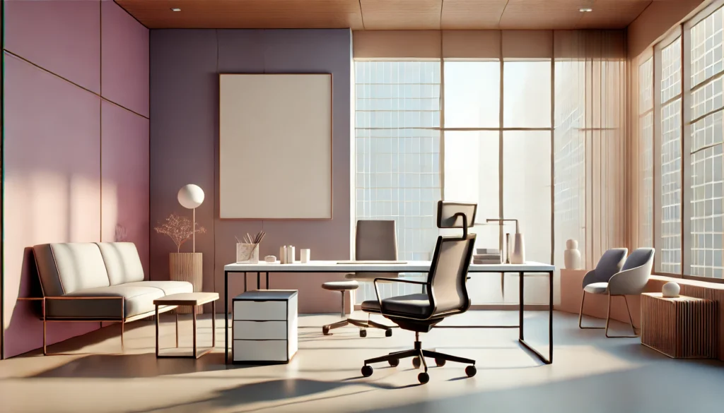 Sunlit modern office with pastel pink and purple accent walls, featuring a sleek desk, ergonomic chair, and minimalist seating, creating a stylish and functional workspace with large city-view windows.