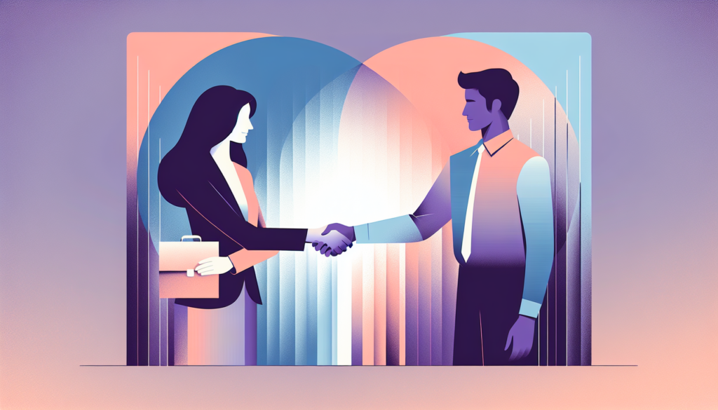 Abstract business illustration with two professionals shaking hands in a modern office setting.