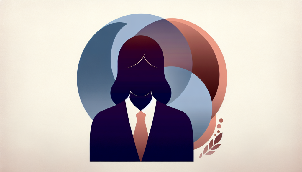 Abstract illustration of a faceless woman in a suit, with overlapping circles in blue and red tones, on a beige background.