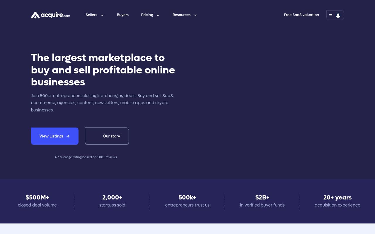 Acquire.com homepage with its marketplace stats for closed deal volume, startups sold and registered buyers