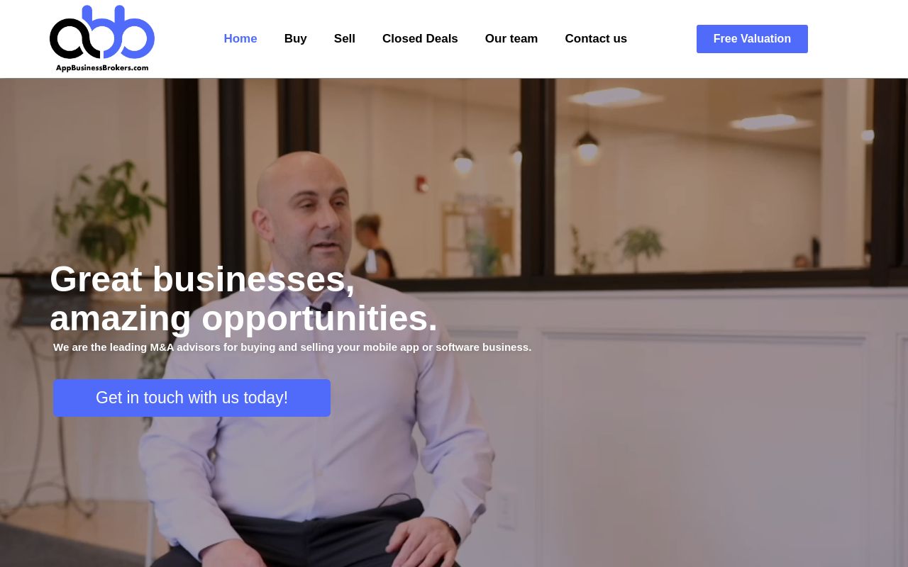 App Business Brokers homepage advertising M&A advisory for mobile app and software businesses