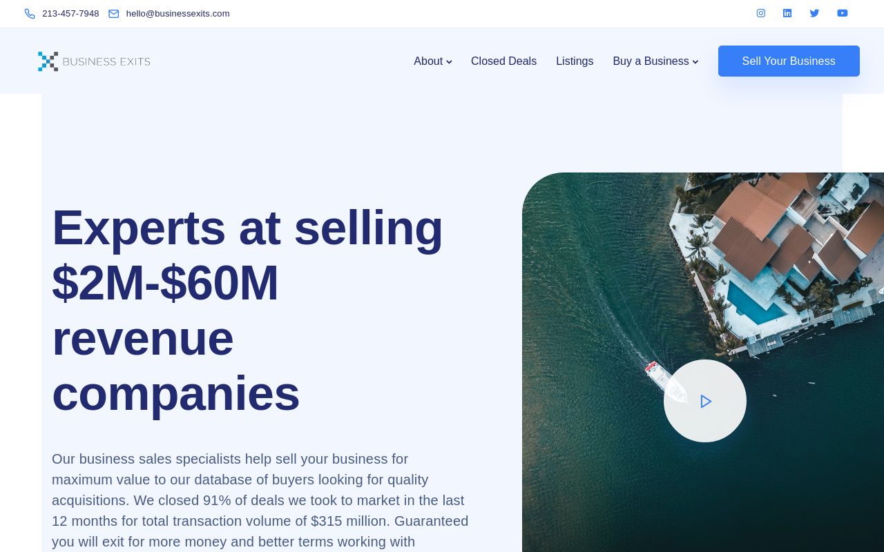 Business Exits homepage stating it sells companies with $2m to $60m in revenue