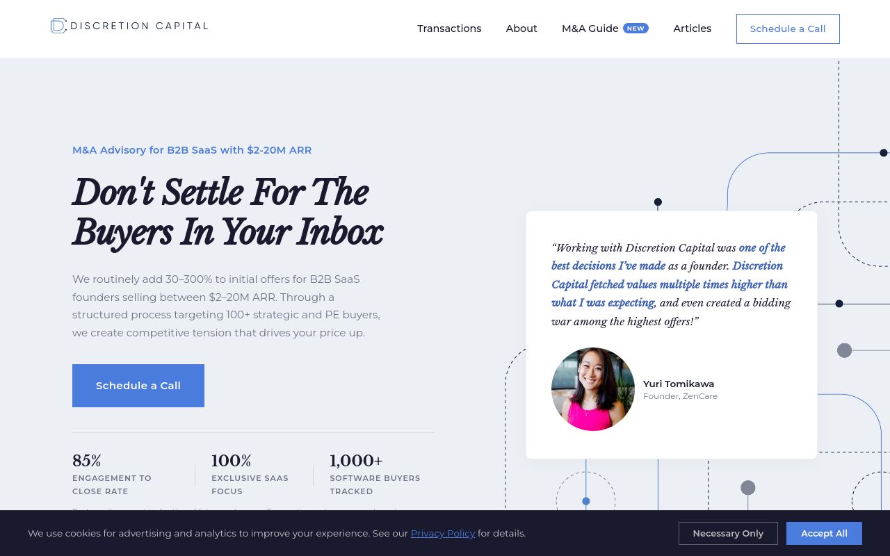 Discretion Capital homepage offering M&A advisory for B2B SaaS founders