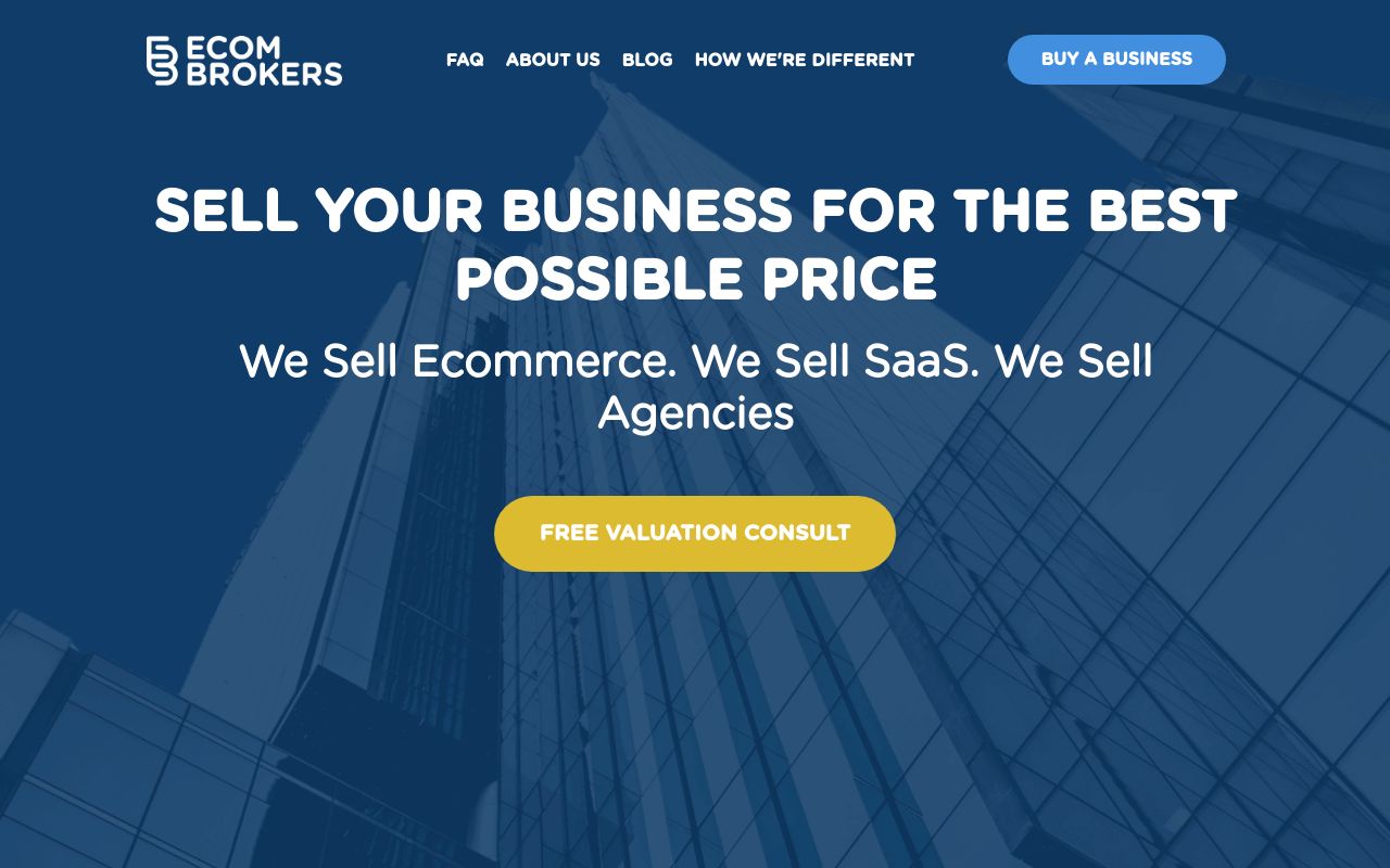 Ecom Brokers homepage offering ecommerce, SaaS and agency business sales from the UK
