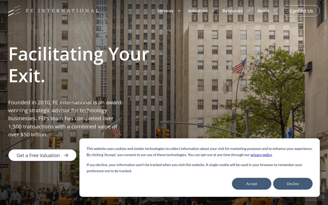 FE International homepage showing its investment banking, private sales and due diligence services for technology businesses