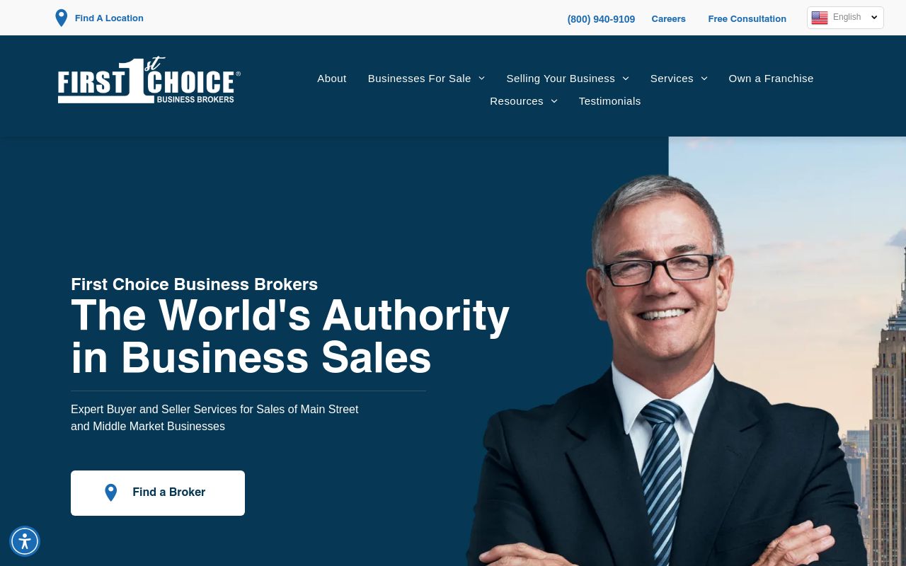 First Choice Business Brokers homepage with business listings and valuation services