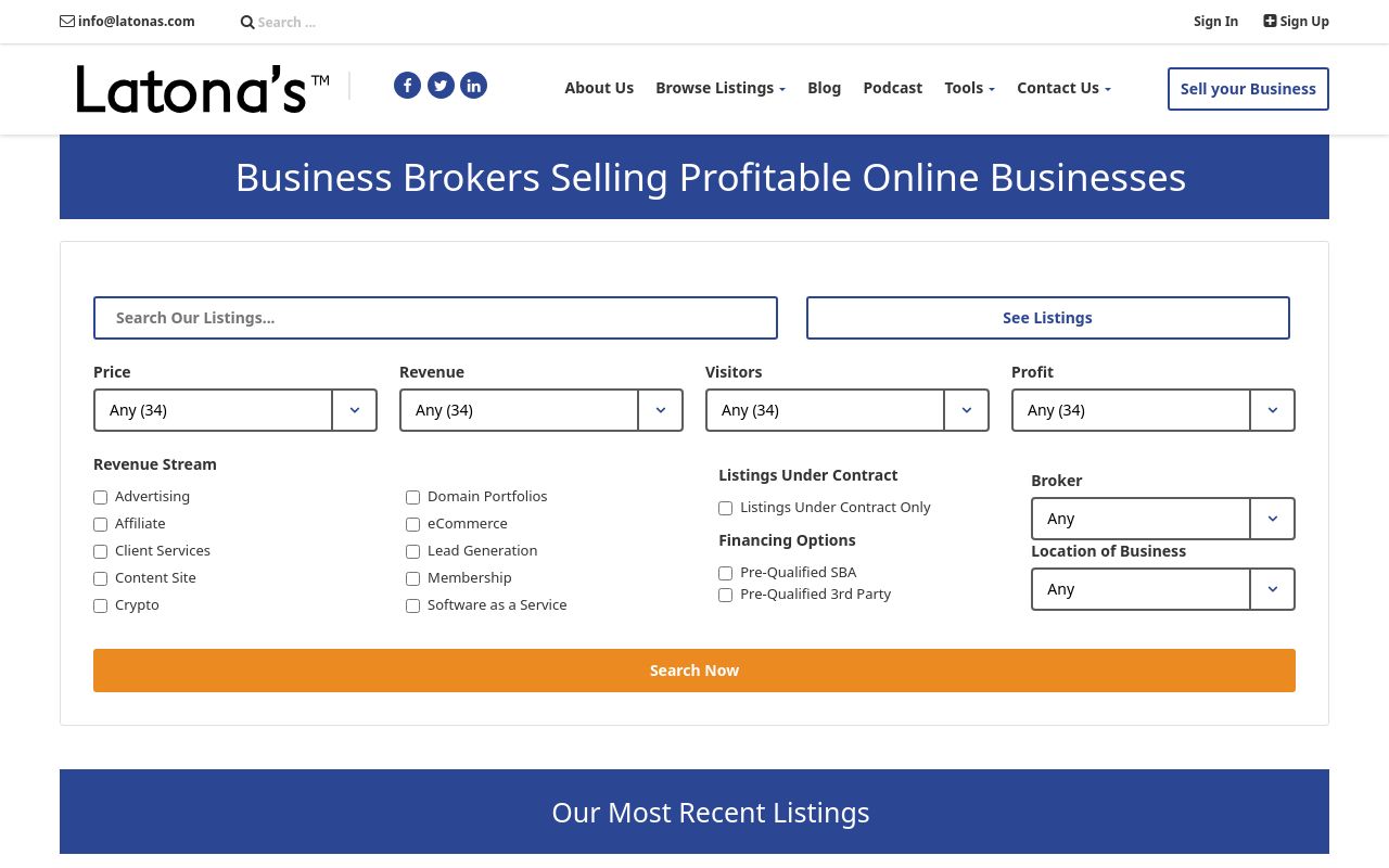 Latona's homepage with its listing search filters for profitable online businesses