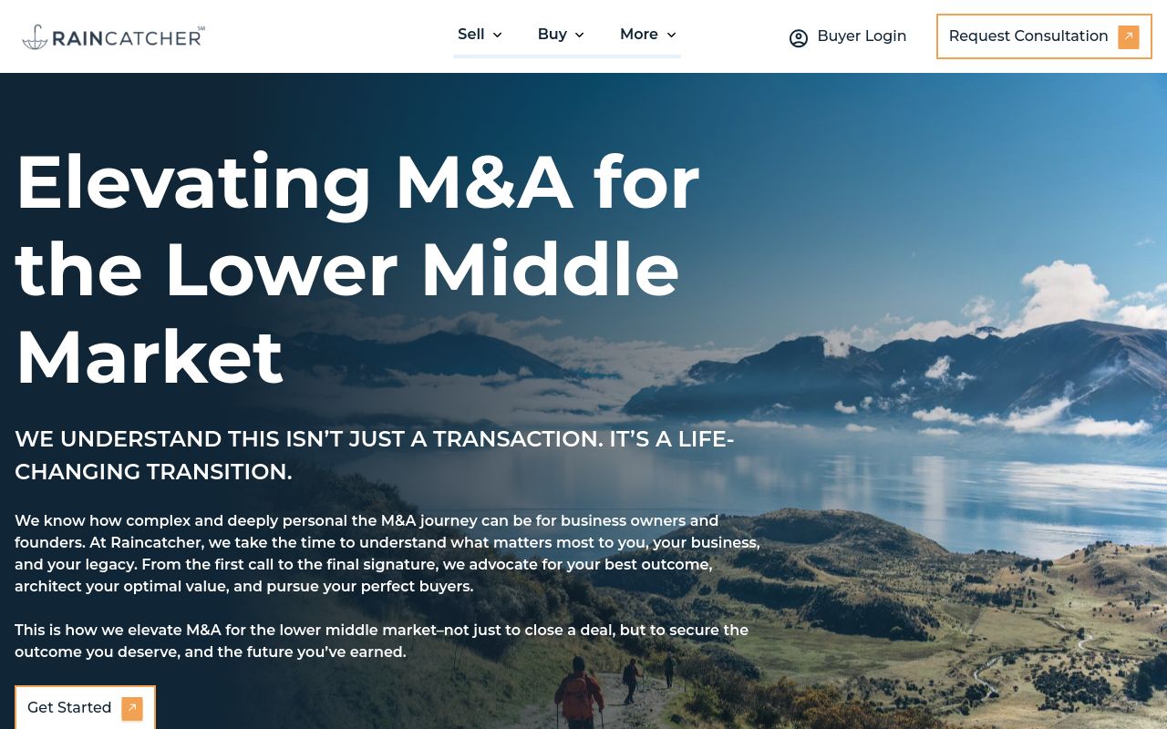 Raincatcher homepage positioning the firm as an M&A advisor for the lower middle market