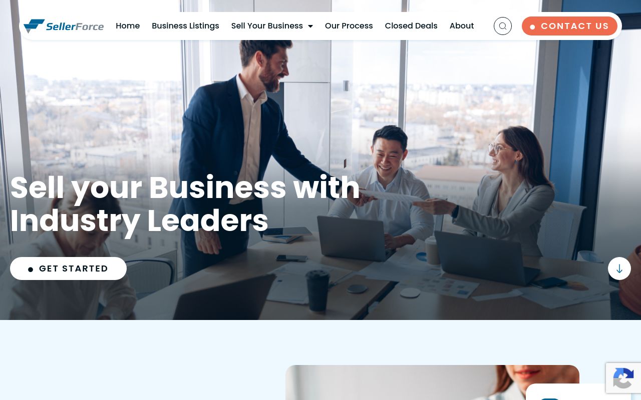 SellerForce homepage showing full-service business brokerage listings across digital and brick and mortar sectors