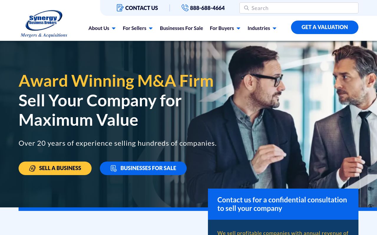 Synergy Business Brokers homepage for award-winning M&A business brokerage services