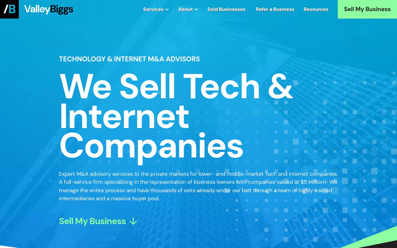 ValleyBiggs homepage promoting M&A advisory for technology and internet companies
