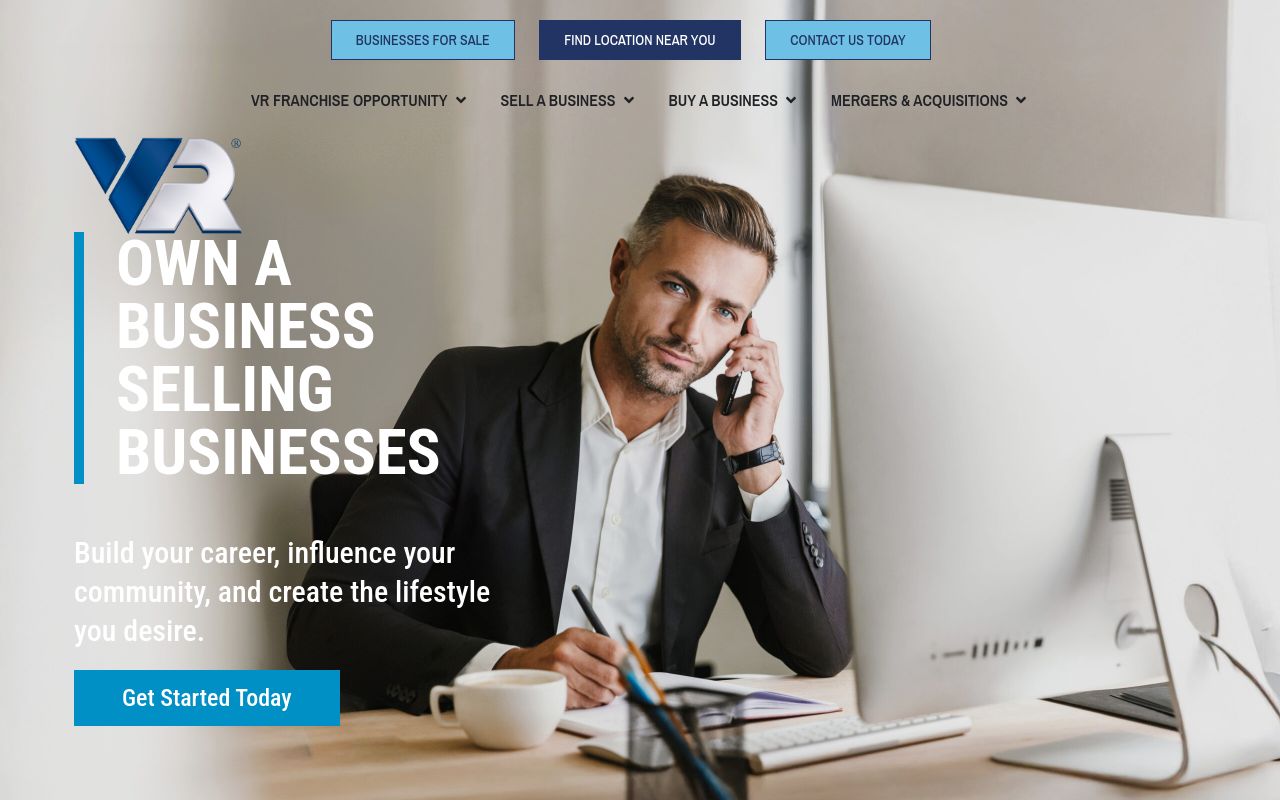 VR Business Brokers homepage leading with a franchise ownership offer for prospective brokers