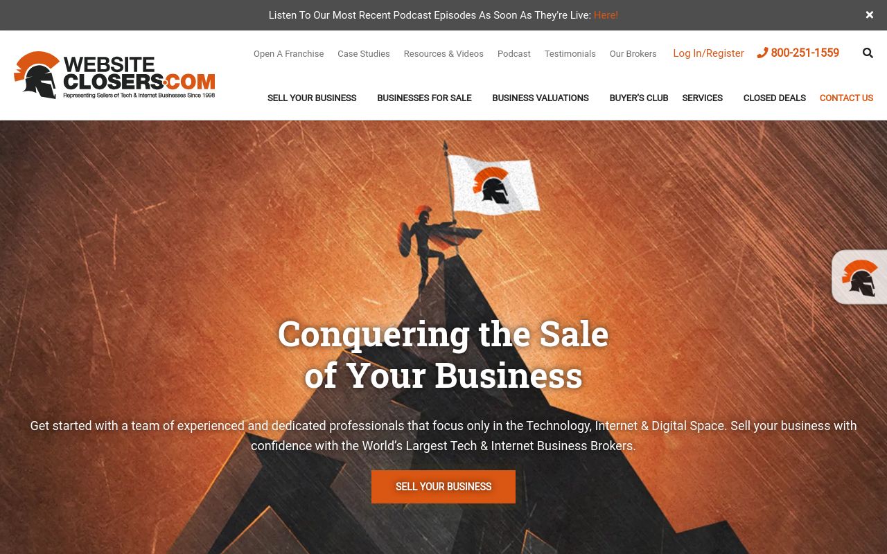 Website Closers homepage promoting technology, internet and digital business sales with case studies