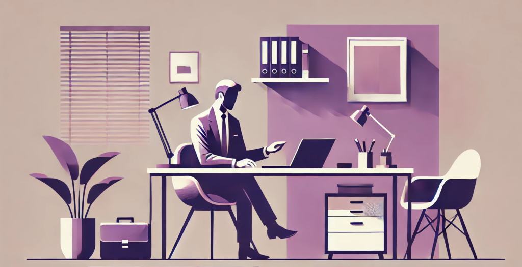 Minimalistic illustration of a business professional working on a laptop in a purple-accented modern office, featuring file binders, a potted plant, symbolizing brand identity and corporate design.