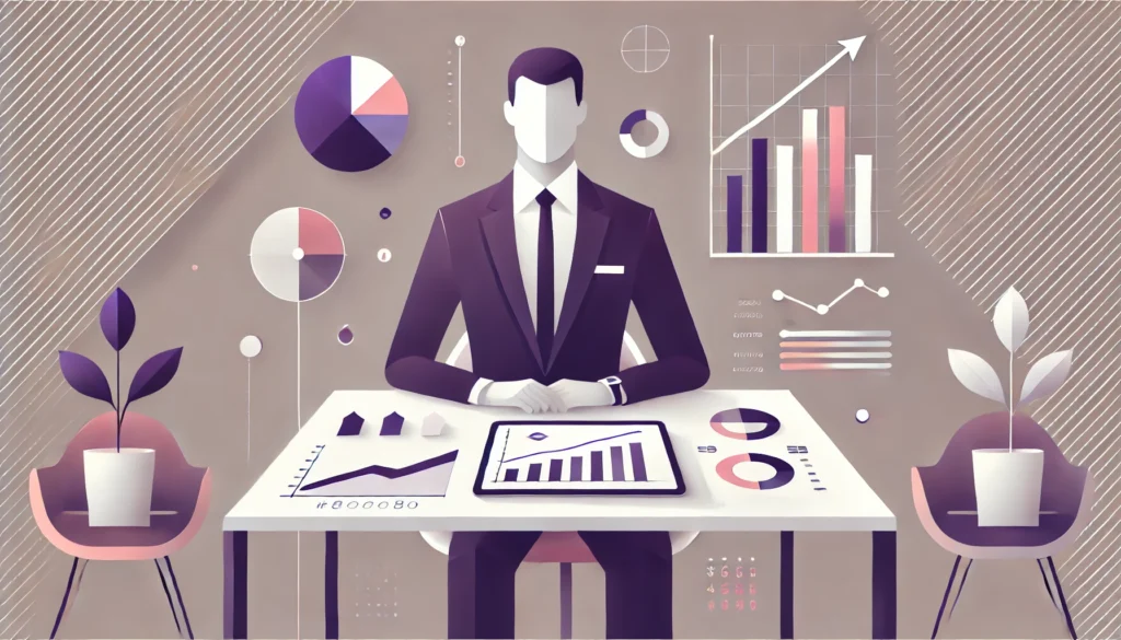 Minimalistic pastel illustration of a business executive seated at a desk, reviewing bar charts, pie charts, and data analytics, symbolizing corporate strategy and growth.