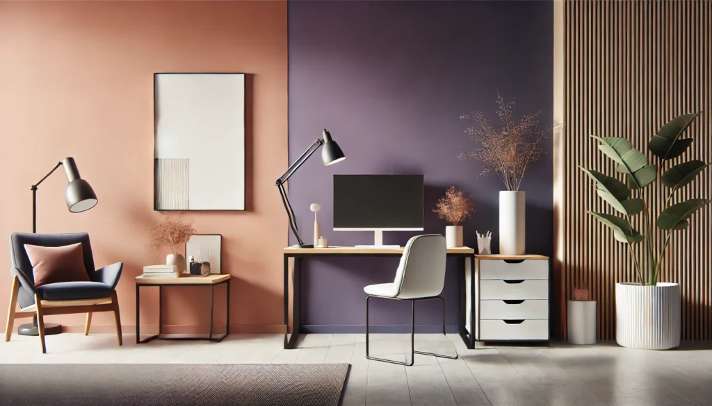 Modern home office with a split pink-and-purple accent wall, featuring a sleek wood-and-metal desk, computer monitor, minimalist lamp, and greenery for a stylish, functional workspace.