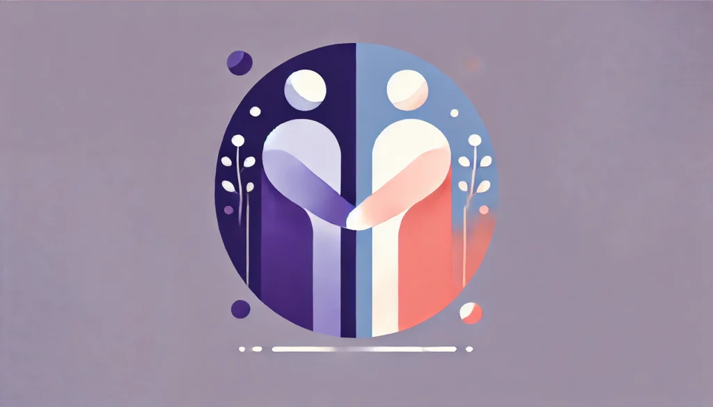 Minimalistic two-figure illustration in pastel purple and pink, depicting joined hands inside a circle, symbolizing partnership, unity, and collaboration.