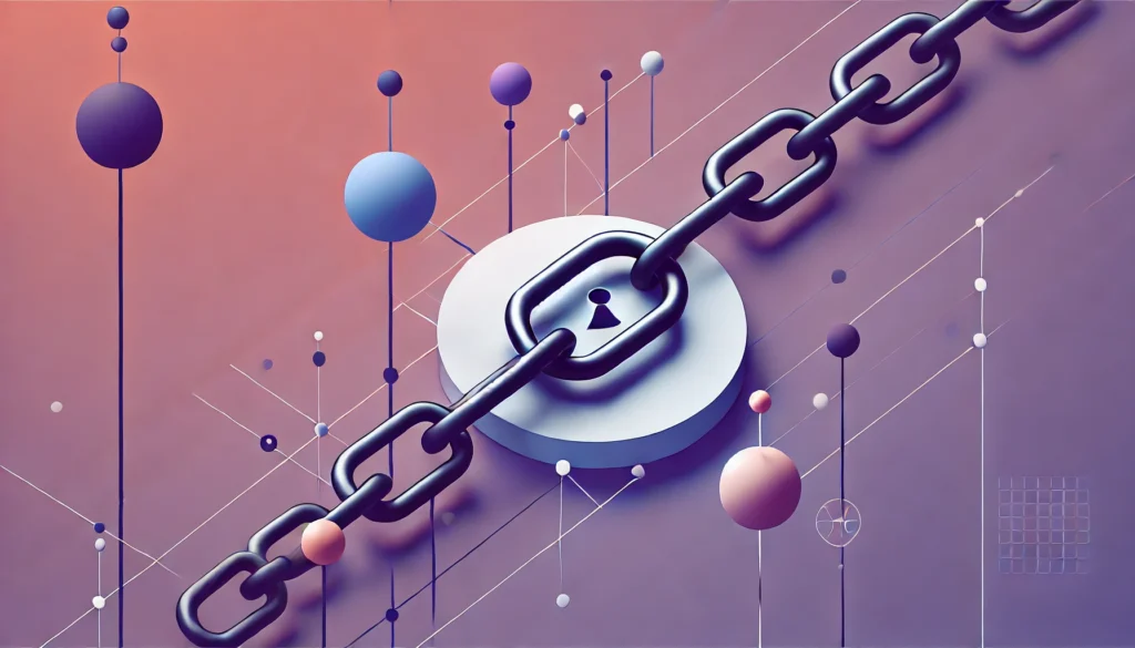 3D chain link with a central keyhole set against a pastel pink and purple background of geometric spheres and nodes, symbolizing secure connections and data protection.