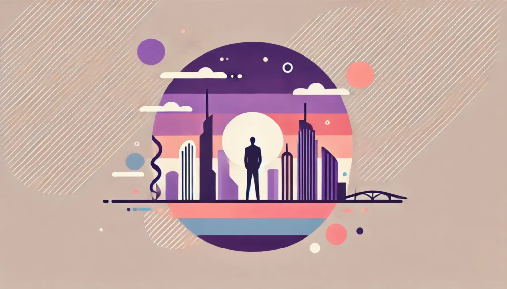 Abstract illustration of a silhouetted figure against a pastel skyline, symbolizing leadership, urban growth, and opportunity in a modern cityscape.