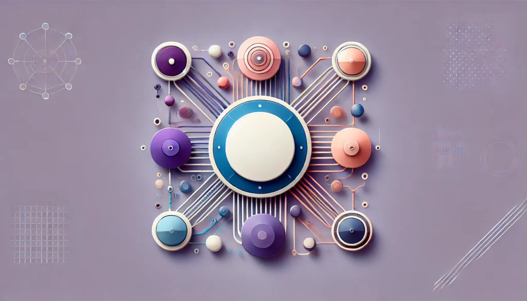 3D pastel illustration of a hub-and-spoke design with vibrant circular nodes in pink, blue, and purple, symbolizing data connectivity and multi-point network integration.