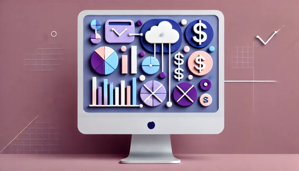 3D futuristic illustration of a PC on a circular pedestal displaying a rising bar chart, surrounded by glowing data nodes in pink and purple, symbolizing technology analytics and growth.