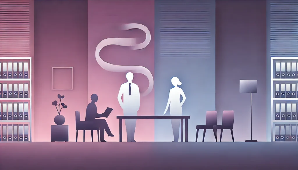 Minimalistic silhouettes of three professionals in a modern office setting, featuring file cabinets, a desk, and pastel tones symbolizing business collaboration and workplace decor.