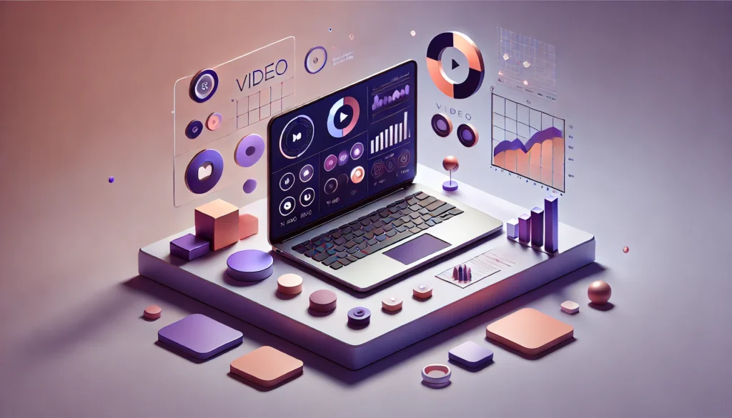 3D illustration of a modern laptop displaying video analytics dashboards, bar graphs, and interactive icons in pastel purple and pink, representing futuristic marketing data visualization.