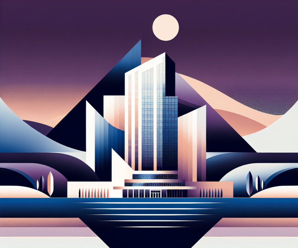 Futuristic skyscraper illustration with geometric design and vibrant sunset background. Modern architecture art.