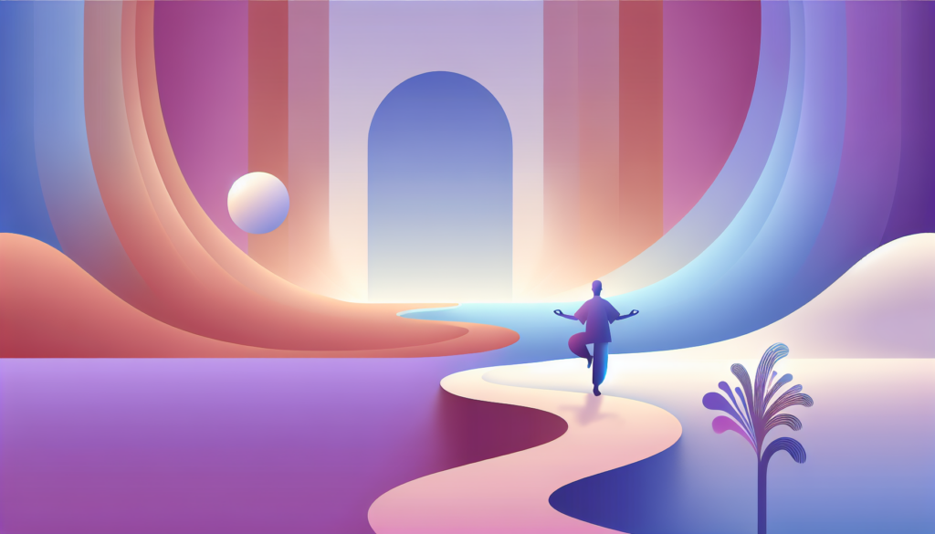 Futuristic landscape with a meditating figure on a winding path, vibrant colors, and a serene atmosphere.