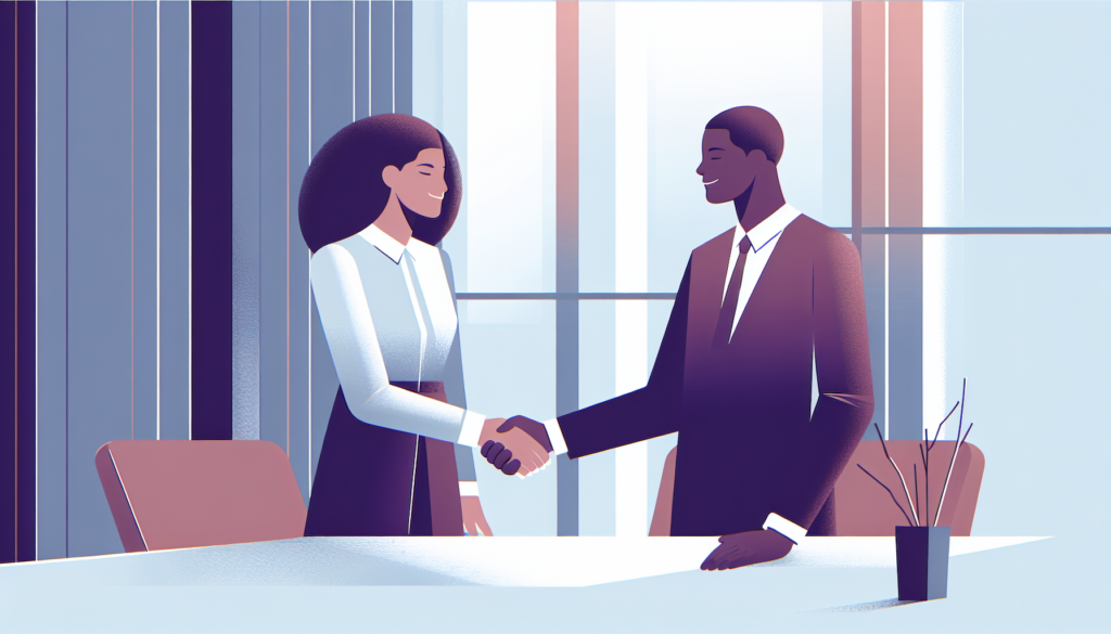 Illustration of a professional handshake in a modern office setting, symbolizing business agreement.