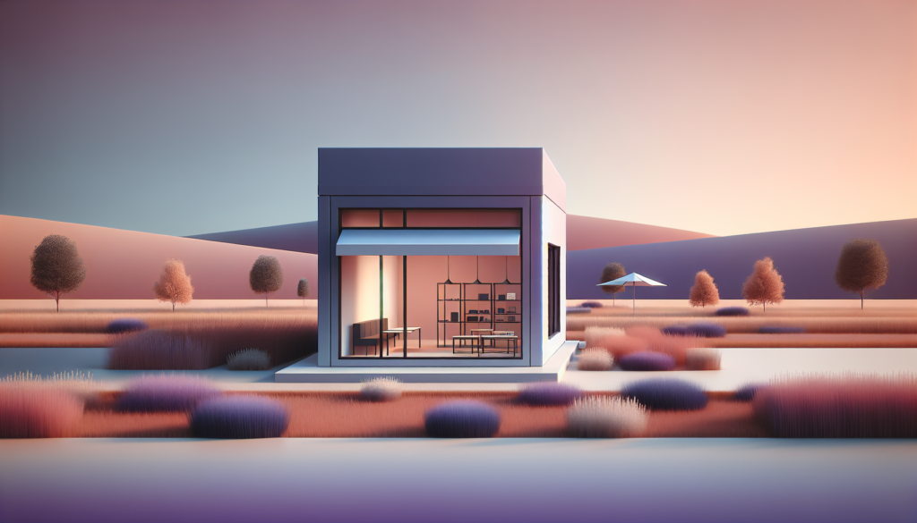 Modern architectural house design with surreal sunset and geometric patterns.