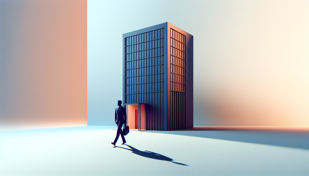 A businessman walks past a modern office building at sunset, casting a long shadow.