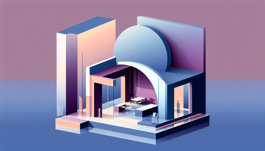 Futuristic geometric architecture illustration, blending pastel colors and modern design elements.