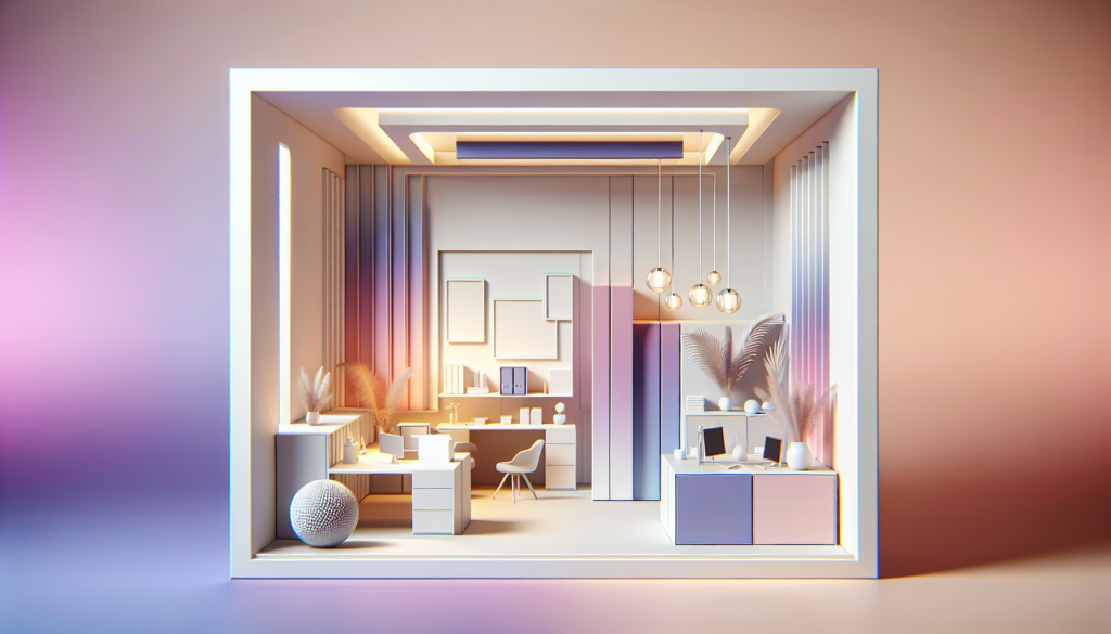 Modern minimalist office design with pastel hues, stylish decor, and ambient lighting.