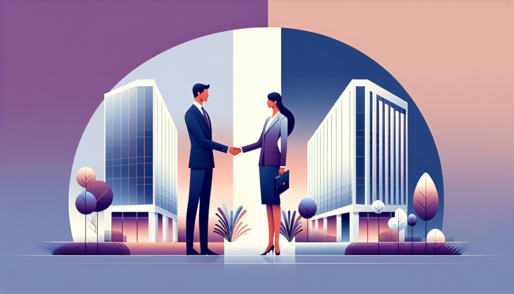 Business professionals shaking hands outside modern buildings, symbolizing partnership and collaboration.