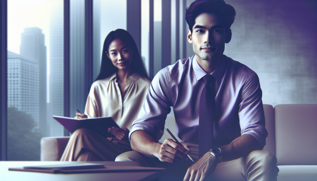 Professional business meeting in modern office with man and woman, urban skyline in background.