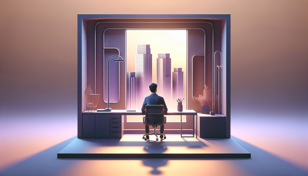 Futuristic office with a person at a desk facing city skyscrapers, modern design and ambient lighting.