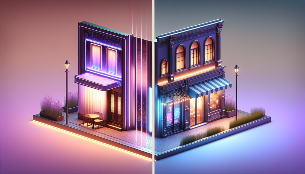 Colorful futuristic street scene with vibrant neon-lit buildings, showcasing modern architectural design.