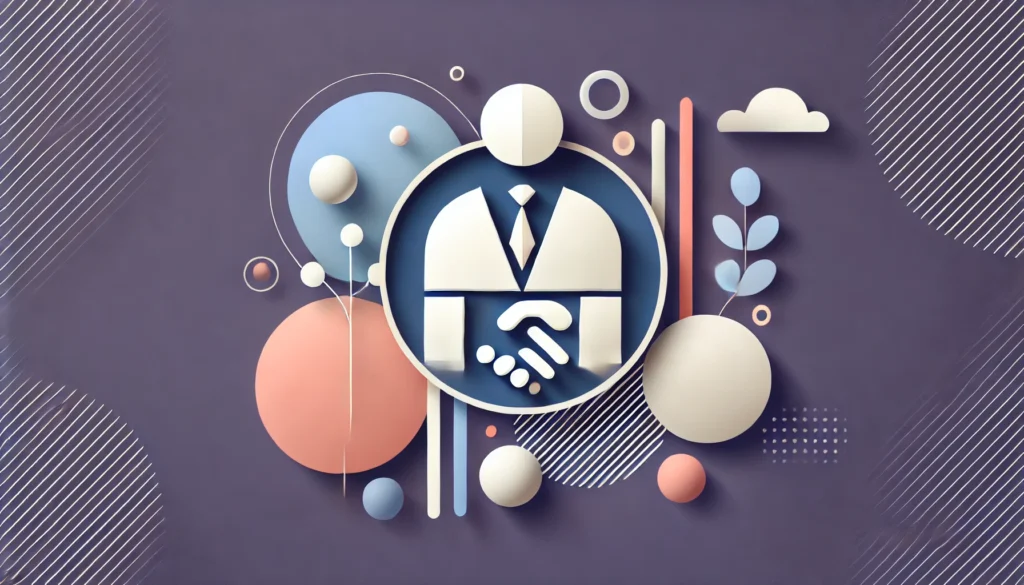 Abstract pastel illustration of a suited figure shaking hands within a circular icon, surrounded by soft pink and blue shapes, symbolizing business partnership and collaboration.