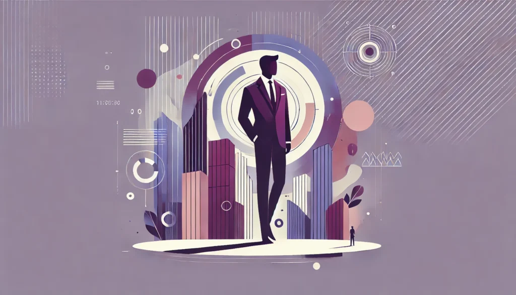 Abstract pastel illustration of a confident business figure towering over stylized skyscrapers, symbolizing leadership, ambition, and urban success.