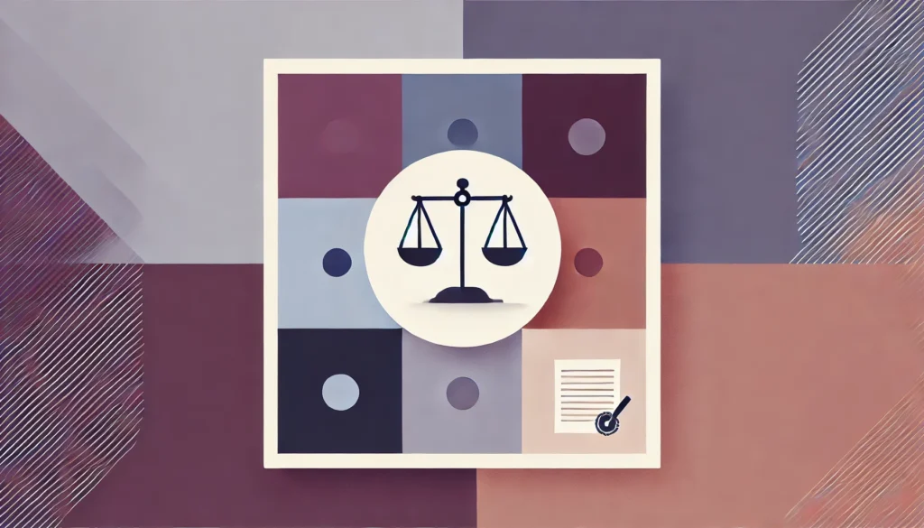 Minimalistic pastel illustration featuring a balanced scale of justice and a signed document against color-block squares, symbolizing law, fairness, and legal agreements.