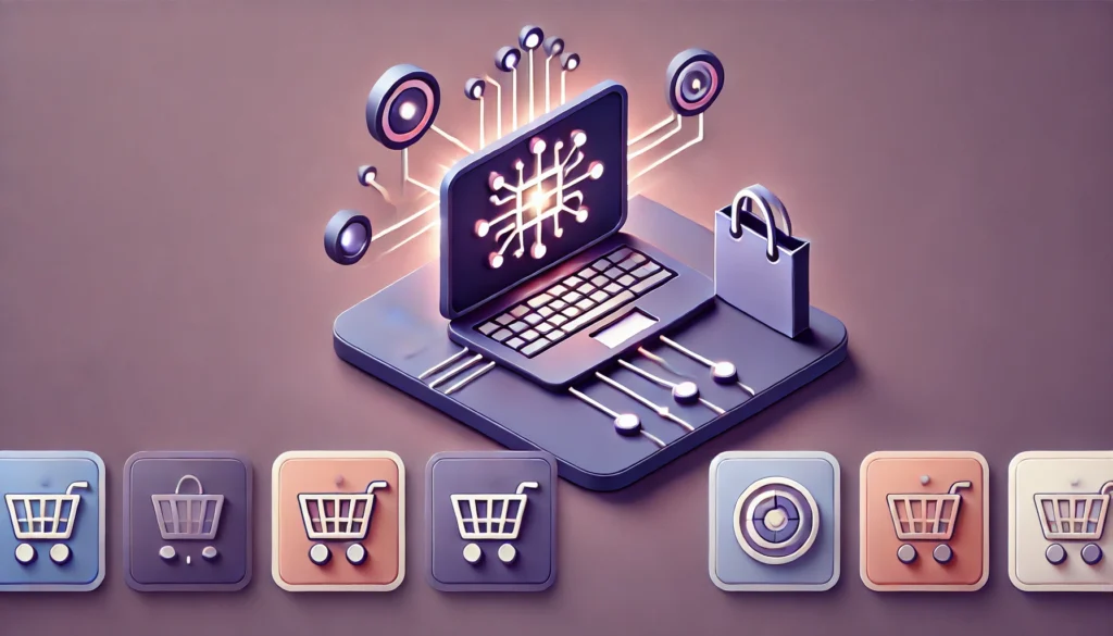 3D pastel illustration of a laptop displaying a glowing circuit node, surrounded by e-commerce cart icons and a shopping bag, symbolizing online retail, AI-driven transactions, and digital connectivity.