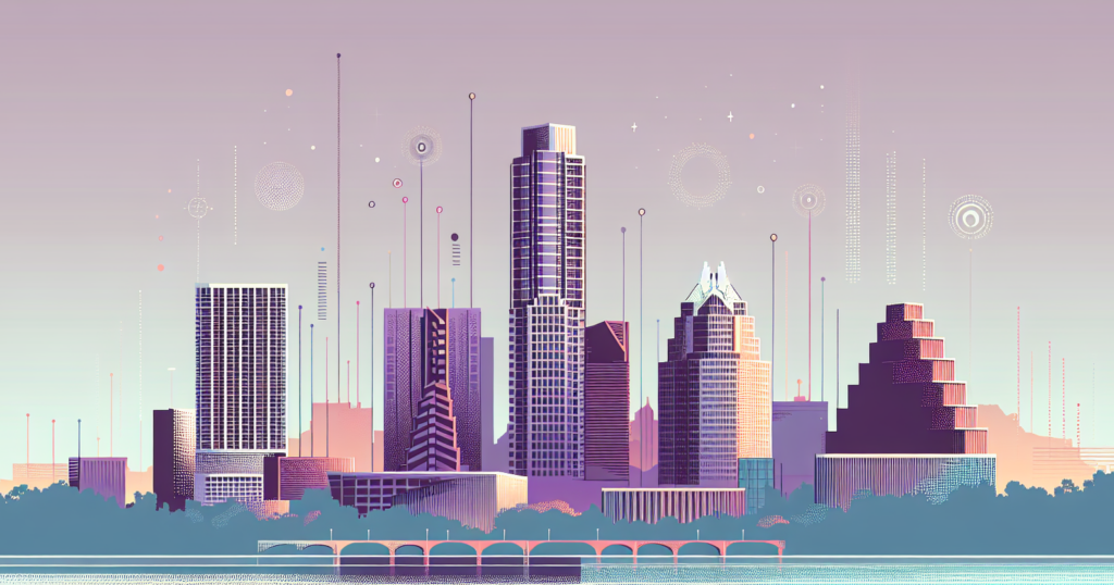 Futuristic city skyline illustration with pastel colors and geometric shapes, showcasing a unique urban landscape.