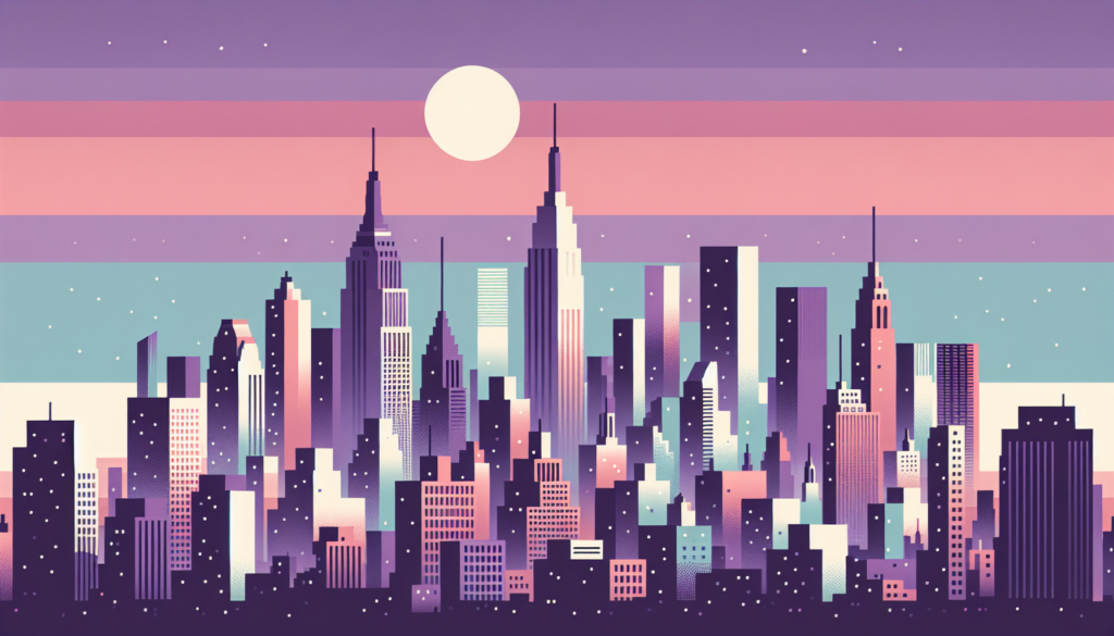 Flat design cityscape with colorful geometric skyscrapers under a full moon in pastel hues.