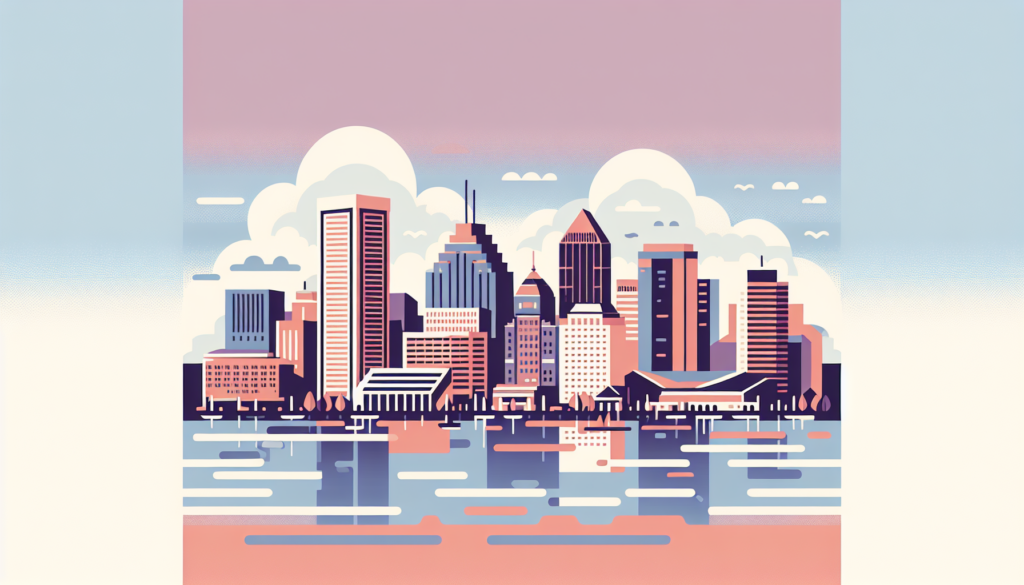 Colorful city skyline illustration with modern skyscrapers reflected in water, set against a pastel sky.