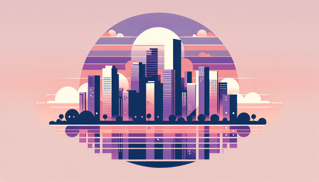 Futuristic city skyline illustration with sunset and reflection, featuring pink and purple hues.