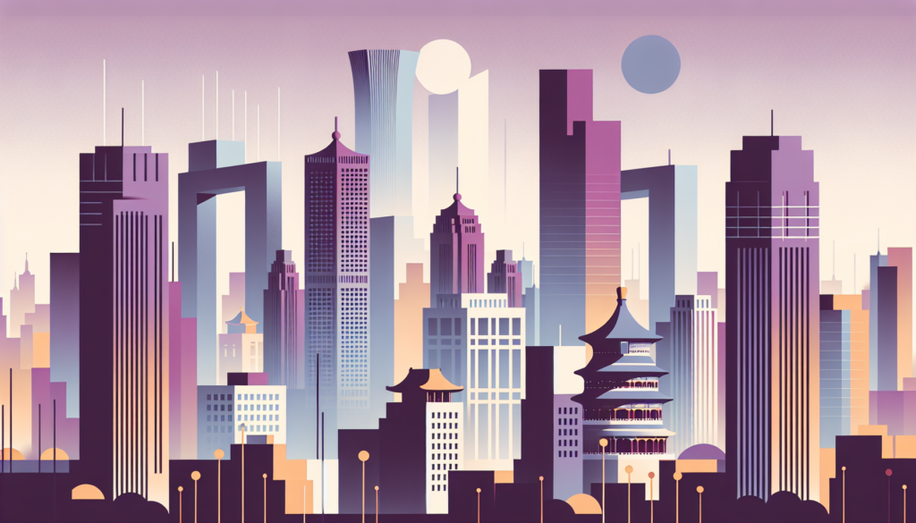 Futuristic city skyline illustration with modern skyscrapers and traditional architecture at sunset.