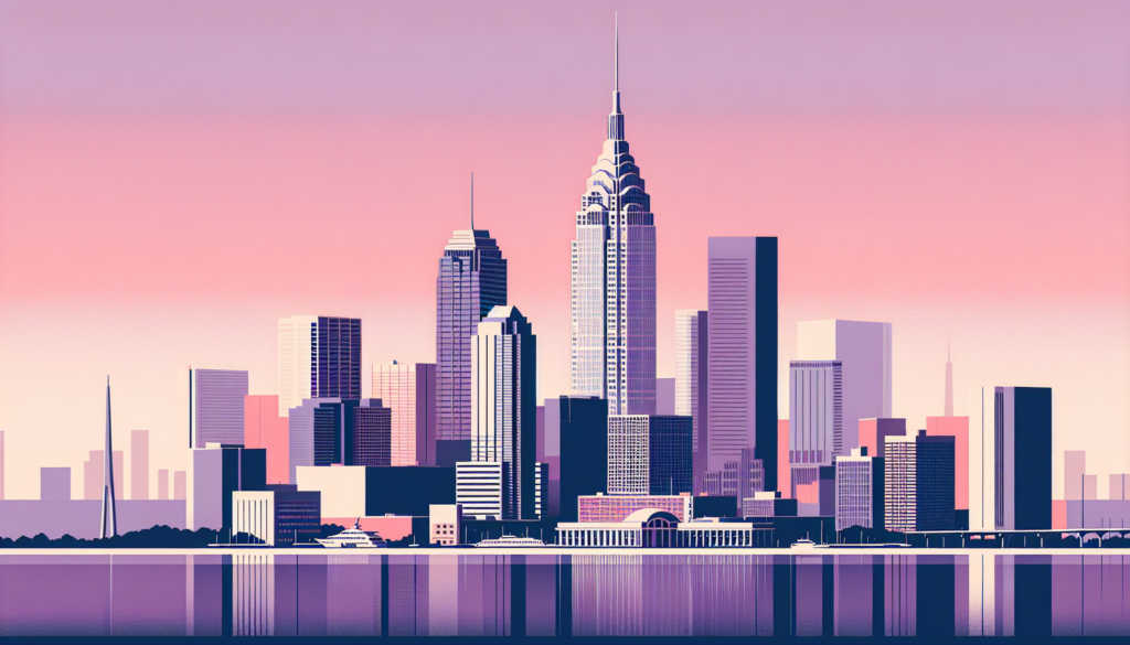 Futuristic cityscape illustration at sunset with modern skyscrapers and a calm waterfront.