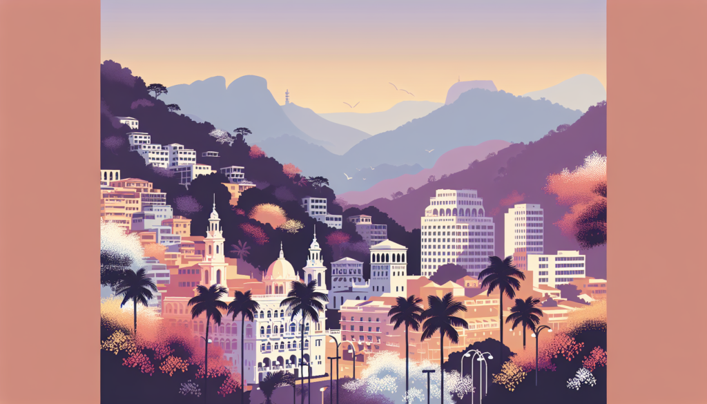 Illustration of a vibrant cityscape at sunset with mountains and palm trees in tropical colors.